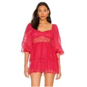 Majorelle Brielle Pink Lace Tiered Puff Sleeve Balloon Sleeve Barbie Mini Dresss